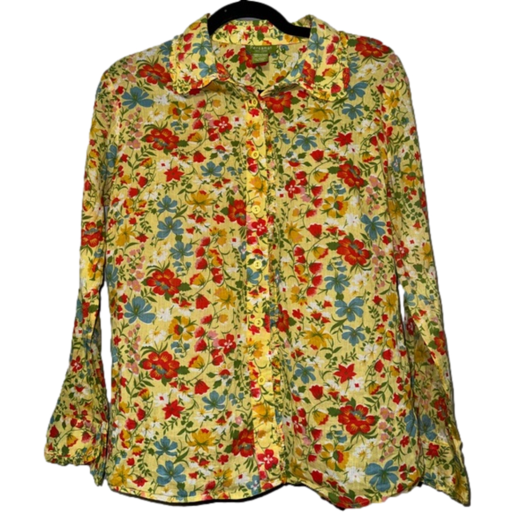 Persaman New York Floral Ruffle Button down Yellow Blouse, size Large